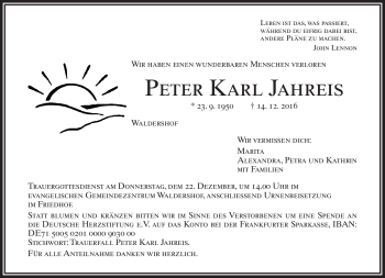 Traueranzeige von Peter Karl Jahreis von Frankenpost