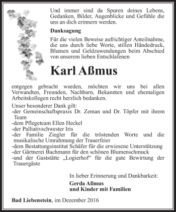 Traueranzeige von Karl Aßmus von Südthüringer Presse
