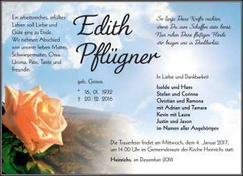 Traueranzeige von Edith Pflügner von Südthüringer Presse