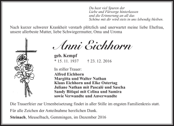 Traueranzeige von Anni Eichhorn von Südthüringer Presse