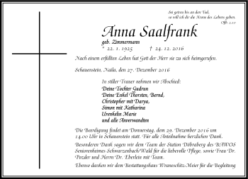 Traueranzeige von Anna Saalfrank von Frankenpost