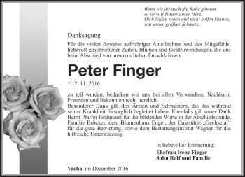 Traueranzeige von Peter Finger von Südthüringer Presse