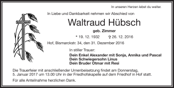 Traueranzeige von Waltraud Hübsch von Frankenpost