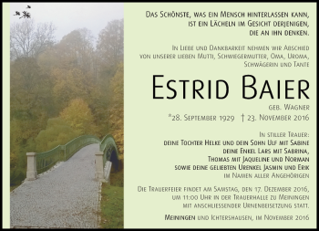 Traueranzeige von Estrid Baier von Südthüringer Presse