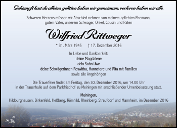 Traueranzeige von Wilfried Rittweger von Südthüringer Presse