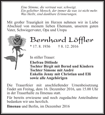 Traueranzeige von Berndhard Löffler von Südthüringer Presse