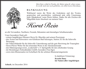 Traueranzeige von Horst Rein von Südthüringer Presse