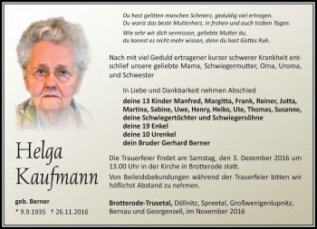 Traueranzeige von Helga Kaufmann von Südthüringer Presse