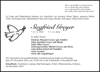 Traueranzeige von Siegfried Greyer von Südthüringer Presse