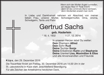 Traueranzeige von Gertrud Sachs von Neue Presse Coburg
