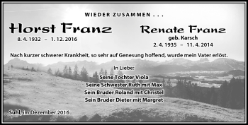 Traueranzeige von Horst Franz von Südthüringer Presse
