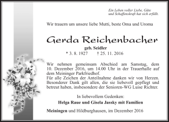 Traueranzeige von Gerda Reichenbacher von Südthüringer Presse