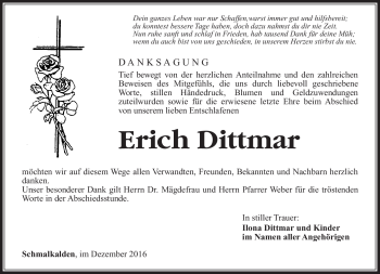 Traueranzeige von Erich Dittmar von Südthüringer Presse