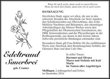 Traueranzeige von Edeltraud Sauerbrei von Südthüringer Presse