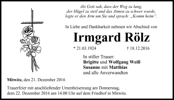 Traueranzeige von Irmgard Rölz von Neue Presse Coburg