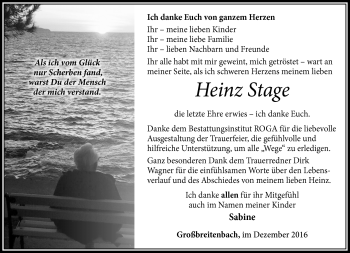 Traueranzeige von Heinz Stage von Südthüringer Presse