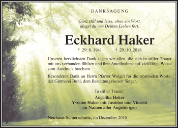 Traueranzeige von Eckhard Haker von Südthüringer Presse