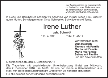 Traueranzeige von Irene Luther von Neue Presse Coburg