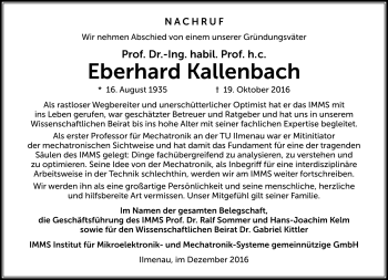 Traueranzeige von Eberhard Kallenbach von Südthüringer Presse