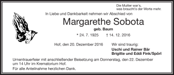 Traueranzeige von Margarethe Sobota von Frankenpost