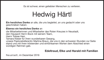 Traueranzeige von Hedwig Härtl von Neue Presse Coburg