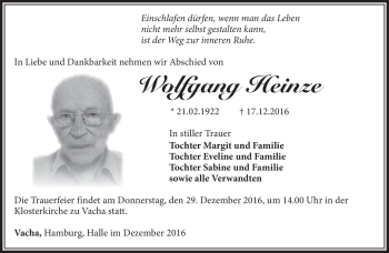 Traueranzeige von Wolfgang Heinze von Südthüringer Presse