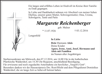 Traueranzeige von Margarete Reichenberger von Frankenpost