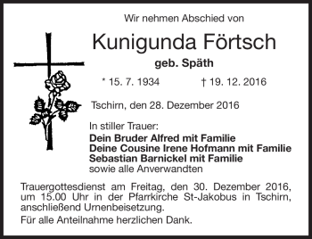 Traueranzeige von Kunigunda Förtsch von Neue Presse Coburg