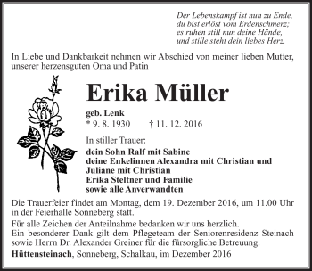 Traueranzeige von Erika Müller von Südthüringer Presse