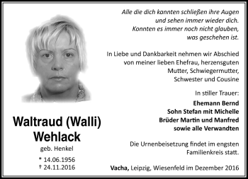 Traueranzeige von Waltraud Wehlack von Südthüringer Presse
