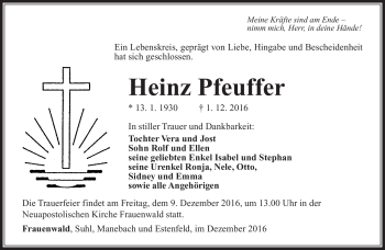 Traueranzeige von Heinz Pfeuffer von Südthüringer Presse