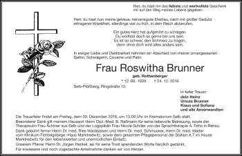 Traueranzeige von Roswitha Brunner von Frankenpost
