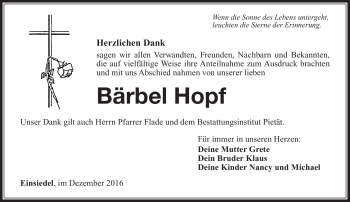 Traueranzeige von Bärbel Hopf von Südthüringer Presse