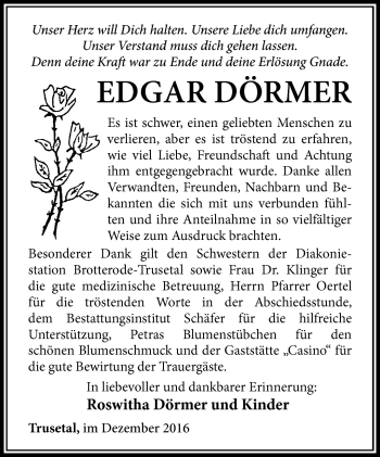 Traueranzeige von Edgar Dörmer von Südthüringer Presse