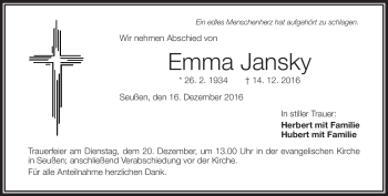 Traueranzeige von Emma Jansky von Frankenpost