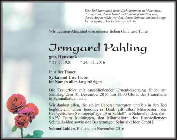 Traueranzeige von Irmgard Pahlig von Südthüringer Presse