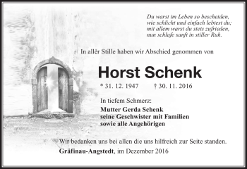 Traueranzeige von Horst Schenk von Südthüringer Presse