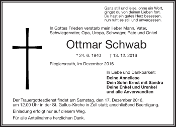 Traueranzeige von Ottmar Schwab von Frankenpost