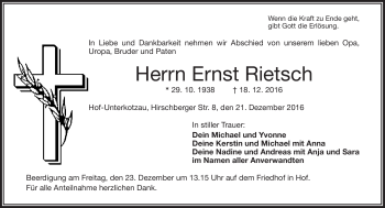 Traueranzeige von Ernst Rietsch von Frankenpost