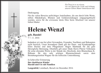 Traueranzeige von Helene Wenzl von Südthüringer Presse