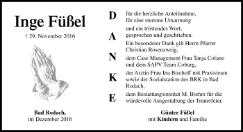 Traueranzeige von Inge Füßel von Neue Presse Coburg