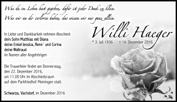 Traueranzeige von Willi Haeger von Südthüringer Presse