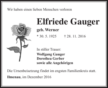 Traueranzeige von Elfriede Gauger von Südthüringer Presse