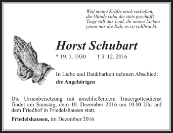 Traueranzeige von Horst Schubart von Südthüringer Presse