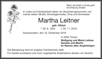 Traueranzeige von Martha Leitner von Frankenpost