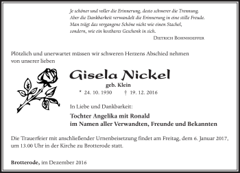 Traueranzeige von Gislea Nickel von Südthüringer Presse