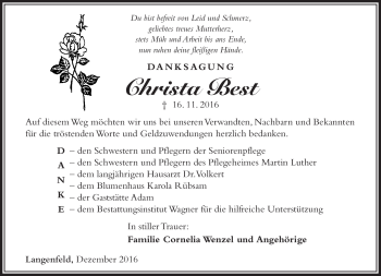 Traueranzeige von Christa Best von Südthüringer Presse