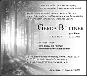 Traueranzeige von Gerda Büttner von Südthüringer Presse