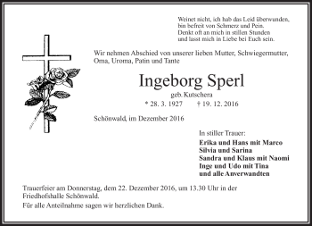 Traueranzeige von Ingeborg Sperl von Frankenpost