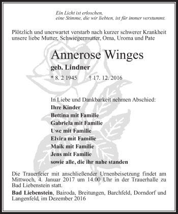Traueranzeige von Annerose Winges von Südthüringer Presse